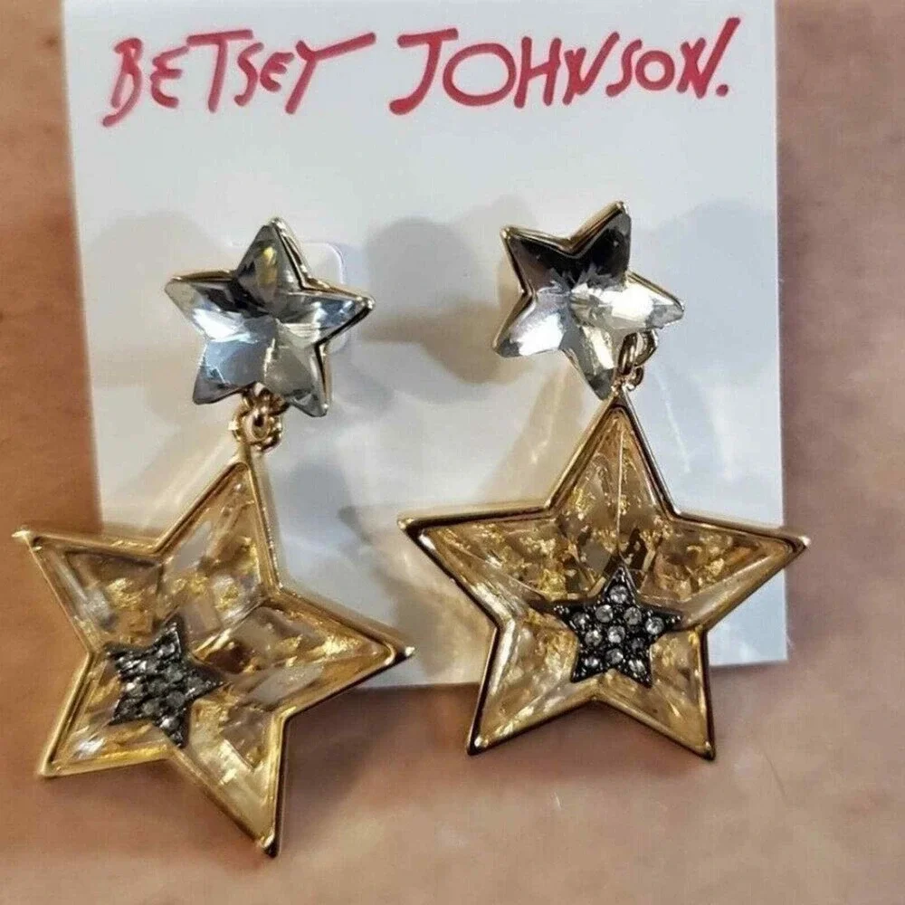 Betsey Johnson Gold Tone‎ Celestial Star Pave Drop Earrings Clear Gold Flake